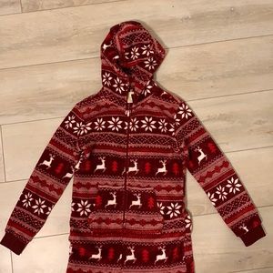Dark red reindeer onesie, fits as a medium
